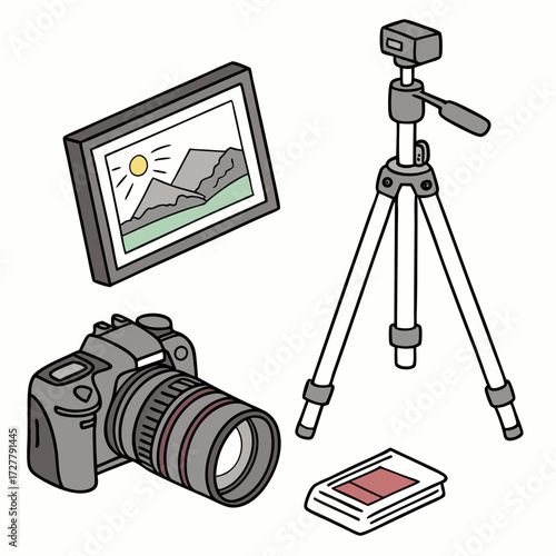 Photography equipment including a camera tripod and framed picture