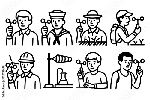 Wind Measurement Icons. Situations icons in outline style: meteorologist using wind meter, sailor checking wind speed, farmer in field with meter,