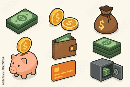 Isometric Money Icons. Objects set icons in modern isometric flat : dollar bills, coins, money bag, wallet, piggy bank, credit card, stack of cash,