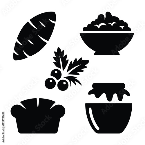Thanksgiving Smooth Flat Silhouette Icons Sweet Potato Mashed Potato Cranberry Cornbread Biscuit Honey Jar 