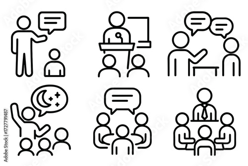 Communication and Collaboration. Situations icons in outline style: person giving instructions, speaker at podium, teacher talking to student,