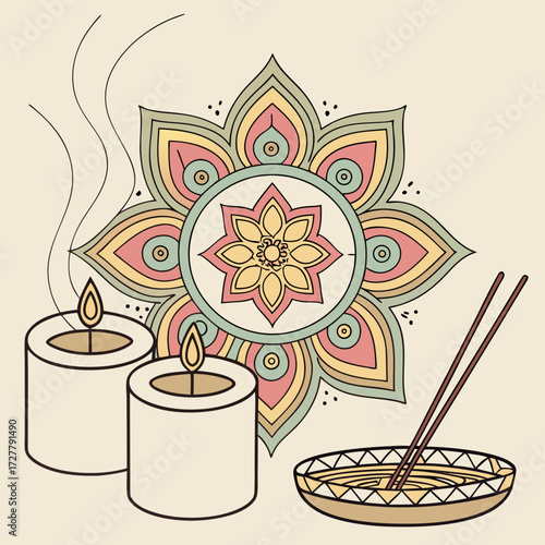 Relaxing spa scene with mandala candles and incense