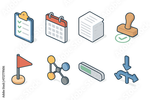 Isometric Task Icons. Task process set icons in modern isometric flat : clipboard, calendar, document stack, approval stamp, flag marker, connecting