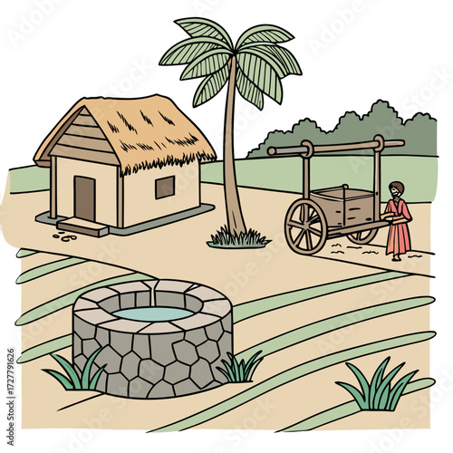 Rural scene with a hut well palm tree and a person with a cart