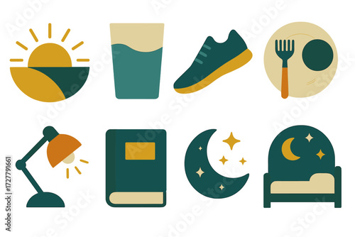 Daily Routine Icons. Routine setup set of icons in abstract flat : sun rising, water glass, running shoe, meal plate, desk lamp, book, moon with