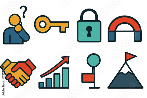 Abstract Problem Solving Icons. Problem solving set of icons in abstract flat : thinking pose, key, lock, bridge, handshake, rising graph, flag
