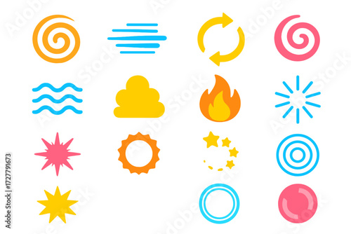 Dynamic Motion Effects. Spin effects in modern flat vector : motion swirl, speed lines, rotation arrows, spiral spin, vibration lines, smoke cloud,