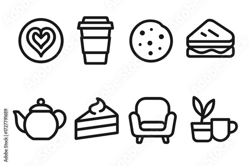 Cozy Cafe Icons. Social coffee vibes icons in outline style: latte art heart, takeaway cup, cookie, sandwich, teapot, slice of cake, cozy chair,