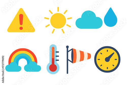 Vibrant Weather Icons. Forecast icons in modern flat vector : weather alert, sun, cloud, raindrop, rainbow, thermometer, wind vane, barometer.