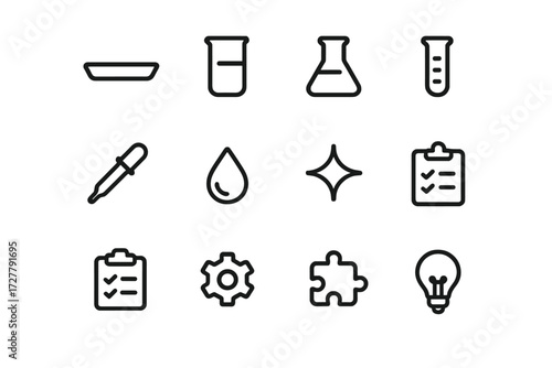Scientific Icon Set. Basic solution tray icons in outline style: flat tray, beaker, flask, test tube, pipette, droplet, sparkle clean, clipboard,