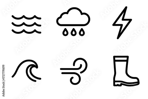 Storm Icon Set. Storm icons icons in outline style: high water, rain cloud, lightning bolt, wave, wind swirl, boot