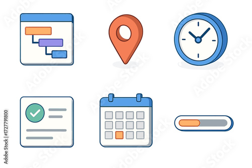Project Management Icons. Project deadlines set icons in modern isometric flat : gantt chart, milestone marker, clock, task card, calendar grid,
