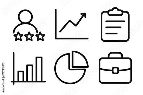 Business Insight Icons. Business insight icons in outline style: user review, chart, clipboard, bar graph, pie chart, briefcase