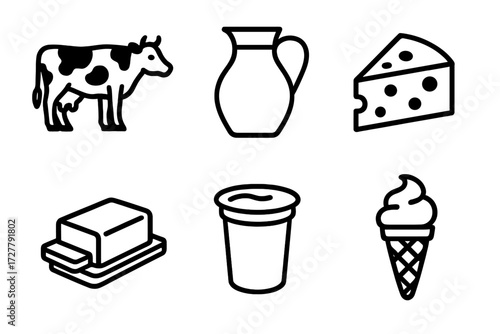 Dairy Icons Collection. Dairy products icons in outline style: dairy cow, milk jug, cheese wedge, butter, yogurt cup, ice cream cone