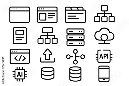 Digital Icon Set. Digital theme icons in outline style: browser window, website dashboard, tab bar, sitemap nodes, content card, file tree, server