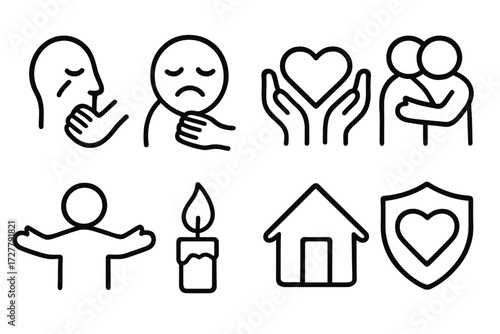 Emotional Support Icons. Emotional support icons in outline style: empathy touch, sad face comforted, heart in hands, comforting hug, open arms,