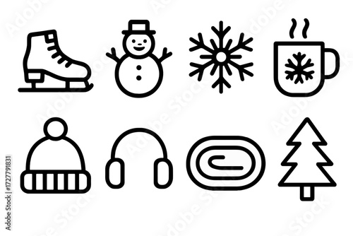 Winter Fun Icons. Frozen fun icons in outline style: ice skates, snowman, snowflake, hot cocoa cup, wool hat, earmuffs, ice rink, pine tree.