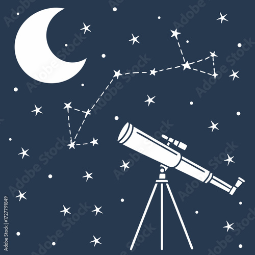 Telescope observing the moon and constellations in a starry night sky