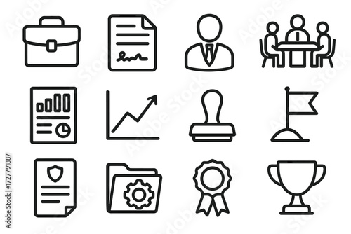 Business Icon Set. Business experience map icons in outline style: briefcase, contract paper, supervisor figure, meeting table, report sheet, growth