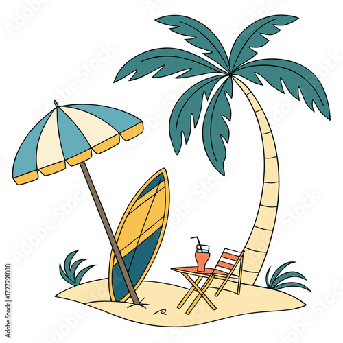Tropical beach scene with palm tree surfboard umbrella and drink