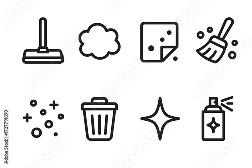 Dust Removal Icons. Dust removal icons in outline style: flat floor duster, dust cloud, microfiber cloth, sweeping brush, dust particles, trash bin,