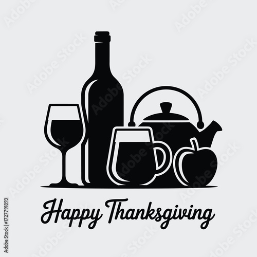 Thanksgiving Smooth Silhouette Icons Wine Bottle Glass Cider Mug Coffee Cup Teapot Apple Basket