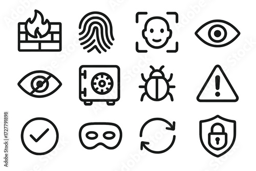 Security Icon Set. Security admin access icons in outline style: firewall wall, fingerprint, face scan, eye visibility, crossed eye, safe box, bug,