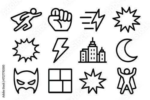 Superhero Action Icons. Superhero action icons in outline style: flying figure, fist punch, speed lines, explosion burst, pow bubble, zap lightning,