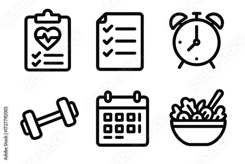 Daily Routine Icons. Daily routine icons in outline style: wellbeing plan, checklist, alarm clock, calendar, dumbbell, salad bowl