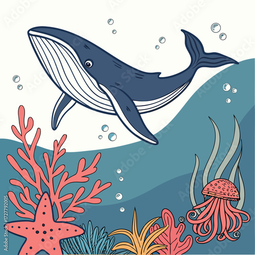 Whimsical blue whale swimming above coral reef and jellyfish