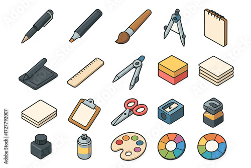 Isometric Drawing Tools. Drawing tools set icons in modern isometric flat : pen, marker, brush, sketchpad, tablet stylus, ruler, compass, sticky notes