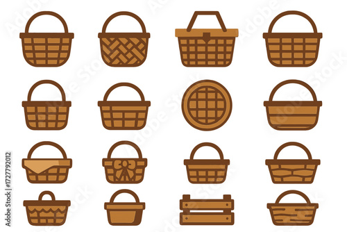 Basket Icons. Basket basics set of icons in abstract flat : wicker basket, woven basket, picnic basket, market basket, basket with handle, basket