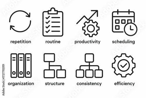 Productivity Icons. Concepts icons in outline style: repetition, routine, productivity, scheduling, organization, structure, consistency, efficiency