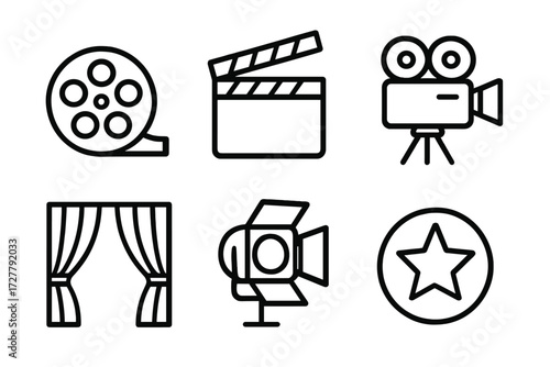 Classic Film Icons. Classic cinema icons in outline style: film reel, clapboard, vintage camera, stage curtain, spotlight, star badge