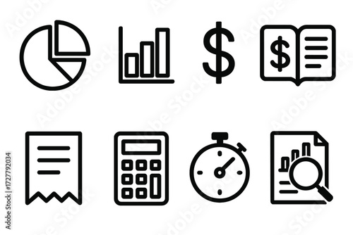 Financial Icons Set. Financial review visuals icons in outline style: pie chart, bar graph, dollar sign, ledger book, receipt, calculator, stopwatch,