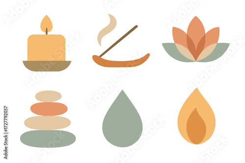 Calm Meditation Icons. Calm ambiance set of icons in abstract flat : meditation candle, incense holder, lotus flower, pebble stack, water droplet,