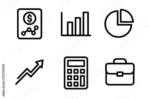Finance Icons Collection. Finance planning icons in outline style: profit model, bar chart, pie chart, upward arrow, calculator, briefcase