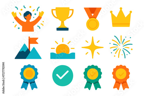 Triumph Icon Collection. Celebration open arms in modern flat vector : person cheering, confetti, trophy, medal, crown, milestone flag, mountain peak,