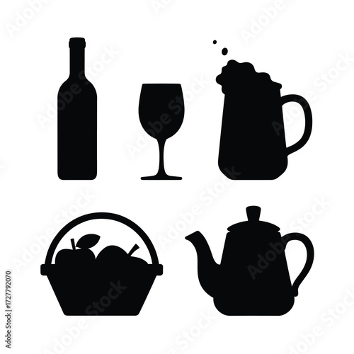 Thanksgiving Smooth Silhouette Icons Wine Bottle Glass Cider Mug Coffee Cup Teapot Apple Basket