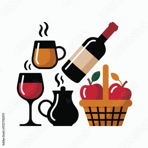 Thanksgiving Smooth Silhouette Icons Wine Bottle Glass Cider Mug Coffee Cup Teapot Apple Basket