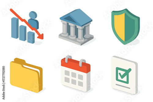 Isometric Government Icons. Government tools set icons in modern isometric flat : unemployment rate, bank building, shield, folder, calendar,