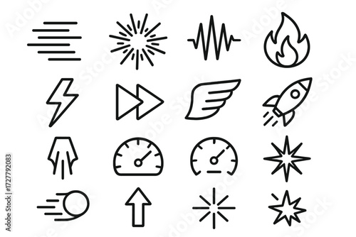 Speed Icon Collection. Speed symbols icons in outline style: speed lines, zoom burst, vibration lines, fire flame, lightning bolt, fast forward
