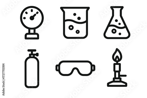 Lab Equipment Icons. Science lab icons in outline style: pressure gauge, beaker, flask, gas cylinder, lab goggles, burner