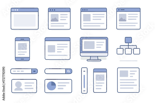 Isometric Web Icons. Web context set icons in modern isometric flat : browser window, website page, blog post, landing page, article page, mobile