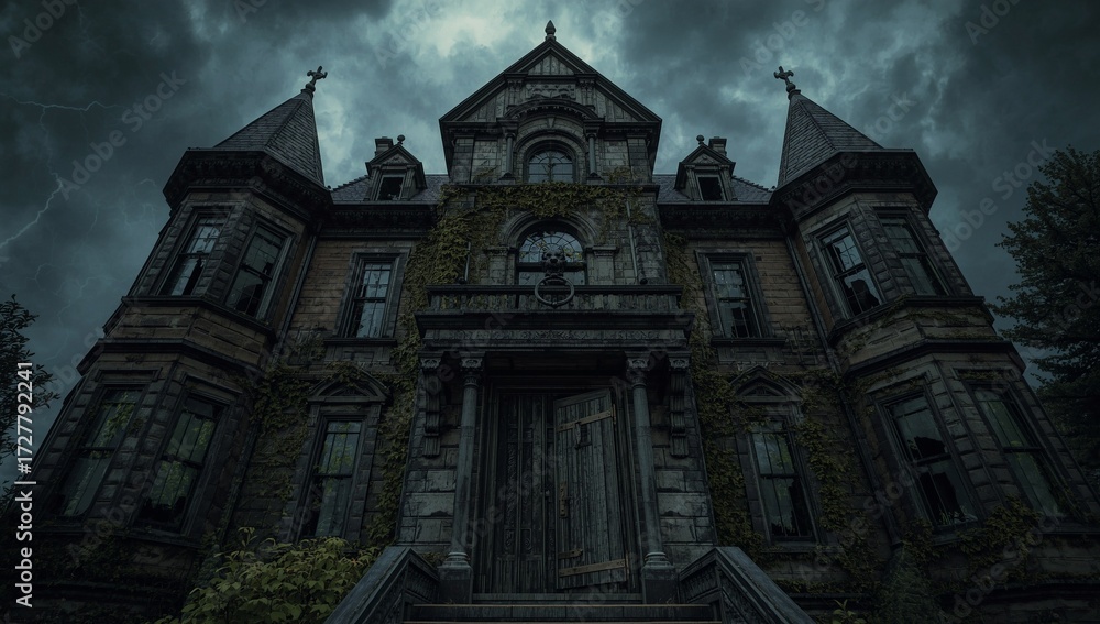 Naklejka premium Majestic gothic cathedral rising over the city skyline, showcasing historic European architecture and cultural heritage.