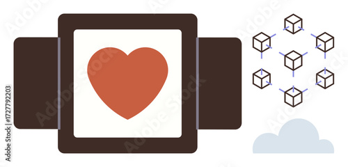 Heart framed in a brown box alongside cubes connected in a blockchain network above a cloud. Ideal for technology, love, network, blockchain, connection, internet, charity. Simple flat metaphor