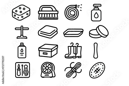 Boot Care Essentials. Boot care icons in outline style: sponge, scrub brush, water hose, soap bottle, drying rack, folded towel, boot tray, shoe