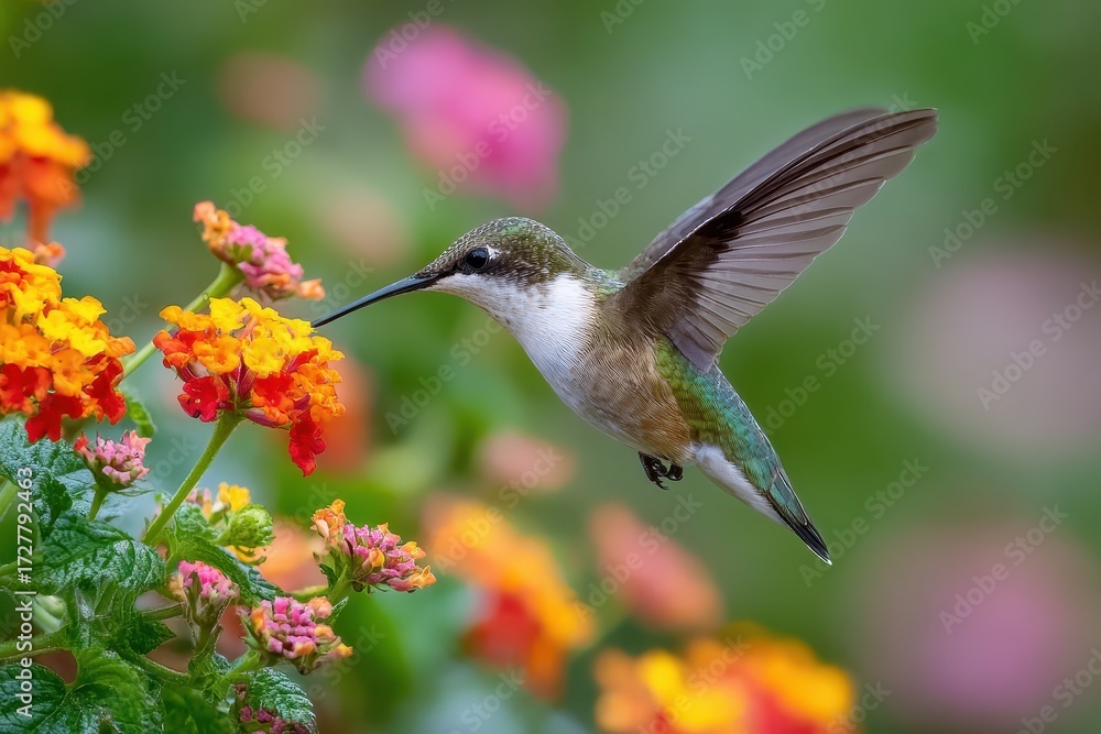 Obraz premium Rubythroated hummingbird delicately feeding on vibrant lantana flowers in full bloom during early morning light