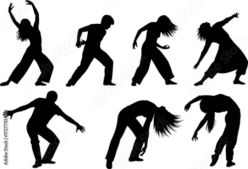 Silhouette dancers in dynamic motion poses expressing energy, rhythm, and style through contemporary dance movements on white background vector illustration