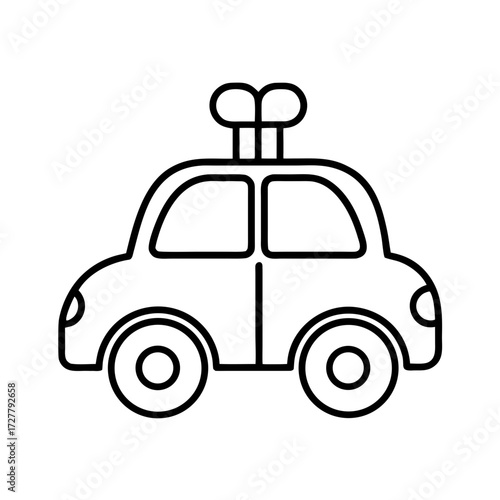 Cartoon car with presents on roof in minimal line art style  